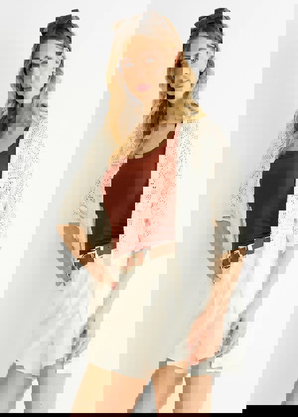 Gini London White Crochet Knit Edge to Edge Cardigan