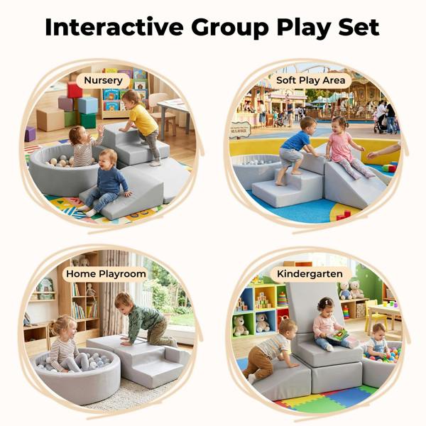 Dekko Soft Play Set 5Pc PU Leather Foam Blocks Baby Climbing Sliding Indoor Grey