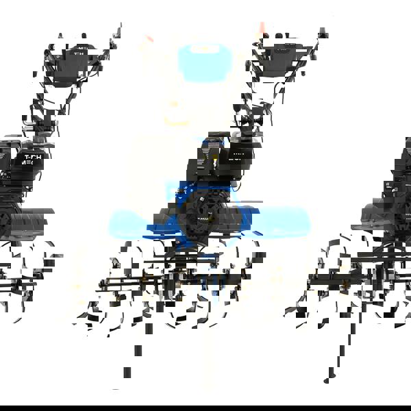 7.5hp petrol rotavator with blue and black body, sturdy metal tines, ergonomic handles, and powerful engine for efficient soil tilling