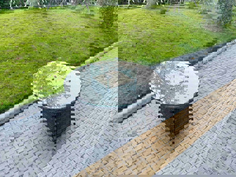 Fimous 5-Piece PE Rattan Garden Furniture with Big Round Gas Fire Pit Table and 6 Chairs for Patio Dark Grey Mixed