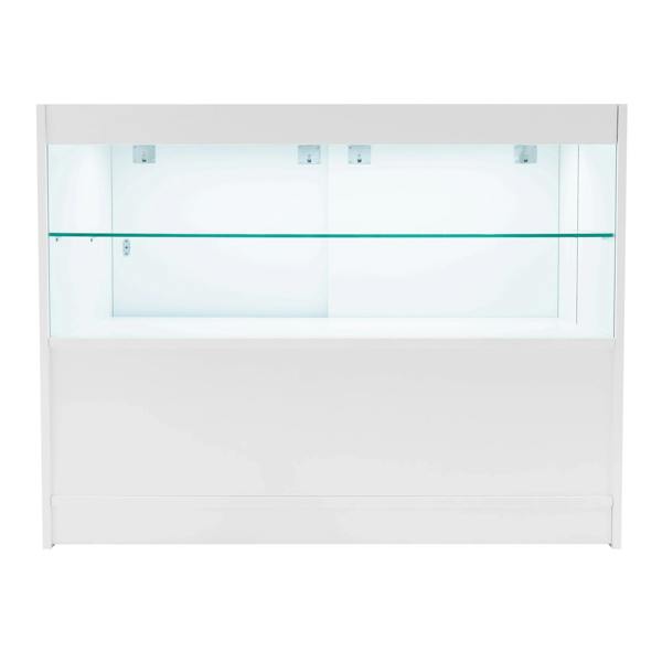 White Andromeda LED shop counter set featuring a sleek design, glass shelves, and bright interior lighting for product display