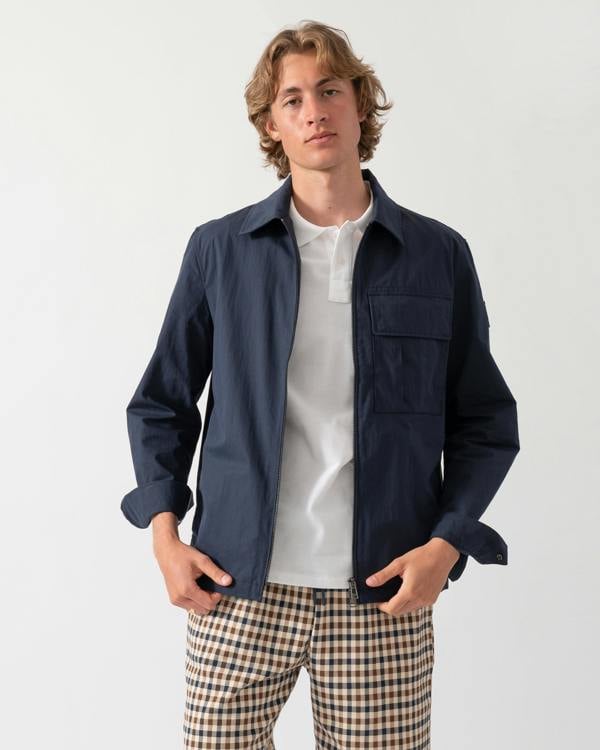 model wearing a Belstaff Cargo Mens Overshirt in Dark Ink