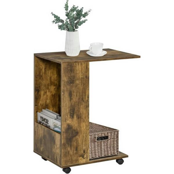 ADOV C Shaped Side Table with Wheels, Industrial Sofa End Table with Open Storage for Living Room and Bedroom