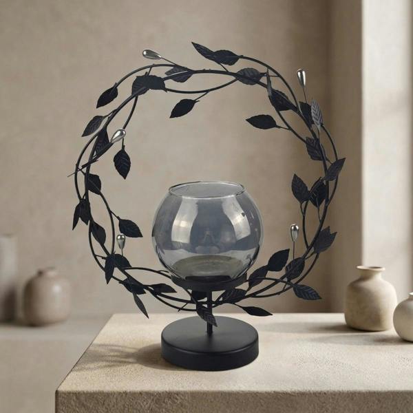Garden Greatness Round Black Metal Leaf Tealight Holder