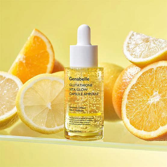 Fresh-burst capsule texture of Genabelle Vita Glow Ampoule – Lightweight, hydrating serum with stabilized active ingredients at Atelier De Glow UK.