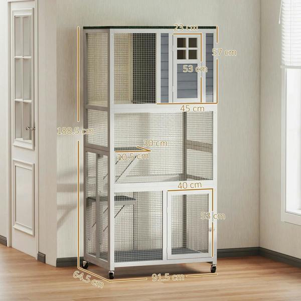 White cat cage enclosure with wire mesh panels, doors, and wheeled base design