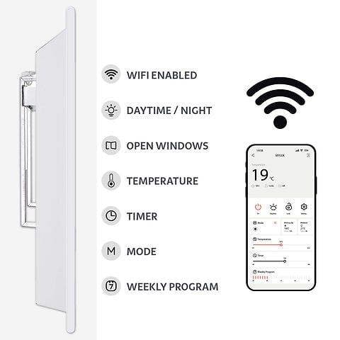 MYLEK Panel Space Heater White Low Level 1KW Eco, Smart and WiFi App Slimline Low Energy - Wall Mounted, Bathroom IPX4