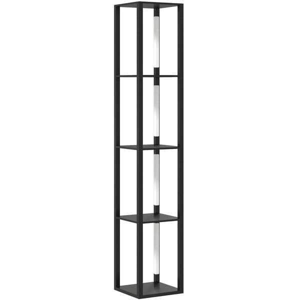 Black LED floor lamp with open shelving frame and vertical light columns