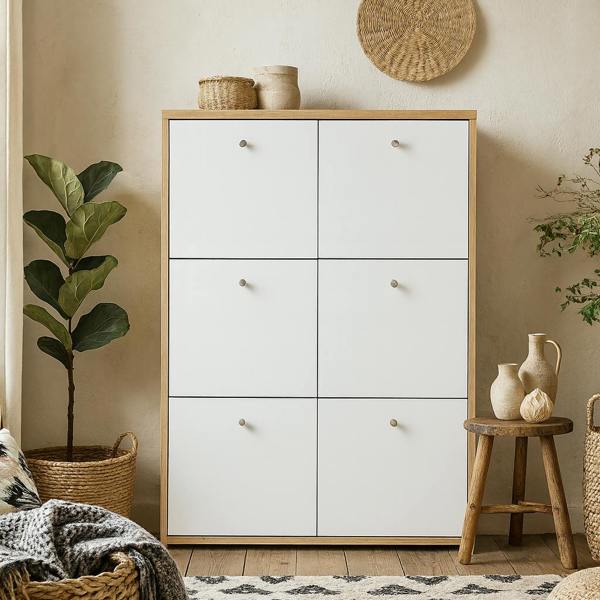 Wyld Haus Willowmere White and Artisan Oak Wood Chest Storage Cabinet 6 Doors