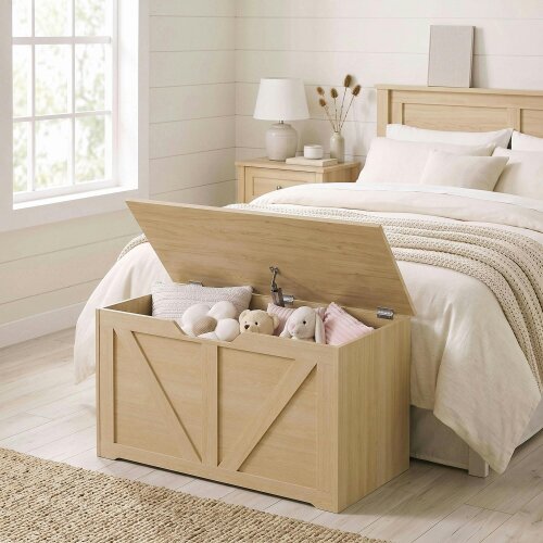 HOMCOM Storage Trunk for Living Room with Safety Hinge, 80cm, Nature Wood