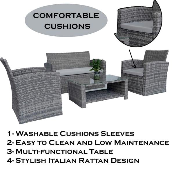 Shatchi 4 Seater Rattan Garden Furniture Set – 2 Chairs, Loveseat Sofa, Coffee Table Outdoor Patio Set