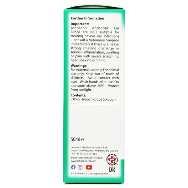 Johnson's Vet Antiseptic Ear Drops for Dogs, Cats, Small Animals 50ml
