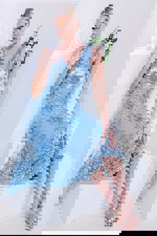 Pleated Satin V Neck High And Low Midi - Light Blue DR3813QZ