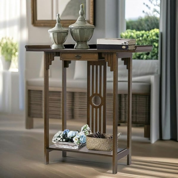 Rafaelo Mobilia Bamboo Slim Console Table With Shelf And Drawer