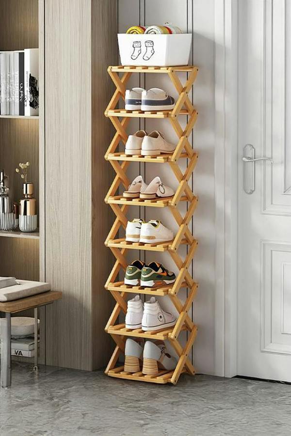 Living and Home 9 Tier Bamboo Folding Shoe Rack Shoe Storage Organiser - Natural
