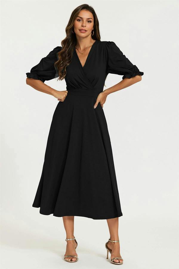 FS Collection Half Sleeves Jersey Midi Dress with Wrap Neckline In Black