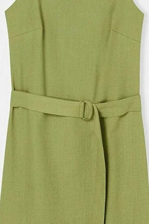 Belted Linen Blend Square Neck Sleeveless Mini Dress