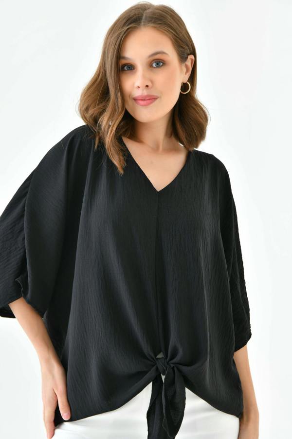 Hoxton Gal Oversized V Neck Tie Front Detailed Blouse with 3/4 Sleeves in Black