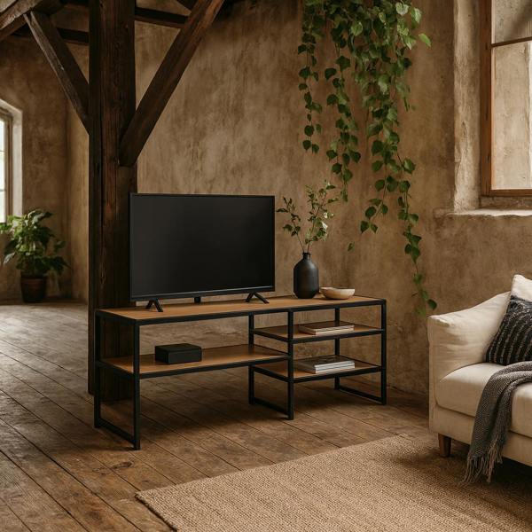 Wyld Haus El Paso Black Metal and Wild Oak Veneer Open TV Unit 3 Shelves