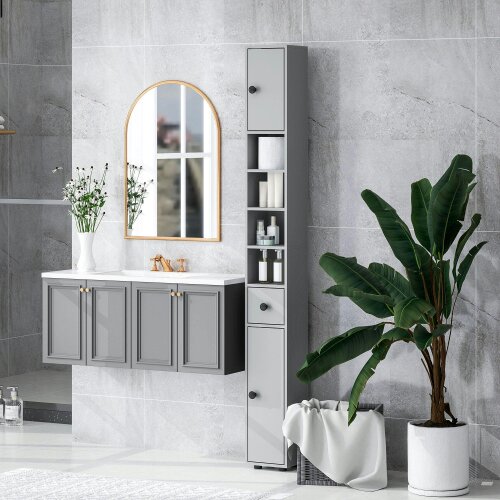 Wyld Haus Tasere Tall Slim Bathroom Storage Cabinet With Drawers Shelves And Cupboards Grey