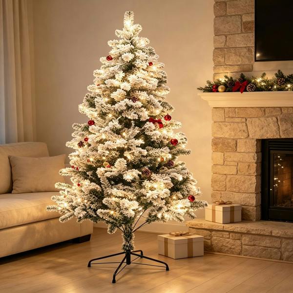 Gr8 Home 7ft Snow Flocked Prelit Artificial Christmas Tree 300 Warm White LED Lights Xmas