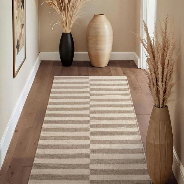 Vika Grey wool rug, striped design, reversible, underfloor heating, hand-woven, easy-care rug.