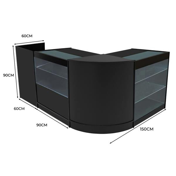 Vega LED Shop Counter Set in black, featuring sleek curved design, glass display shelves, and modern dimensions for retail spaces
