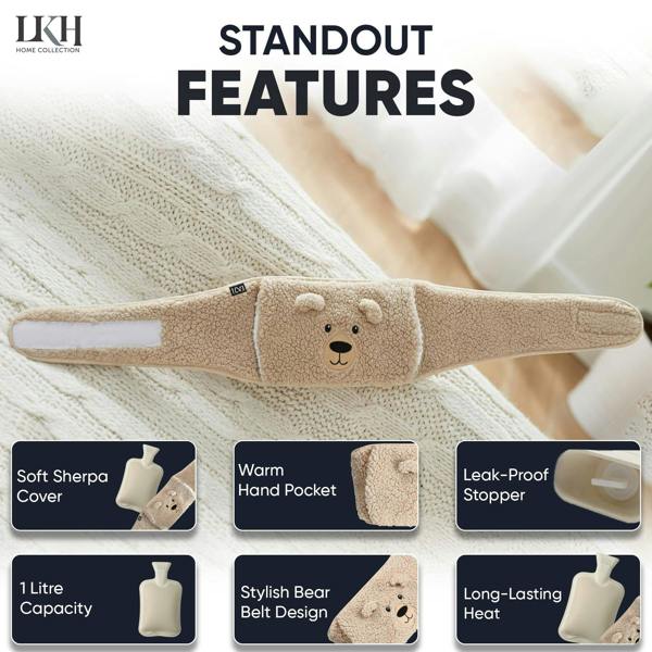 LKH HOME COLLECTION Hot Water Bottle with Cover & Adjustable Belt - 1L Rubber Hot Water Bag BPA Free Leak-Resistant & Durable Heat Massaging Bottle