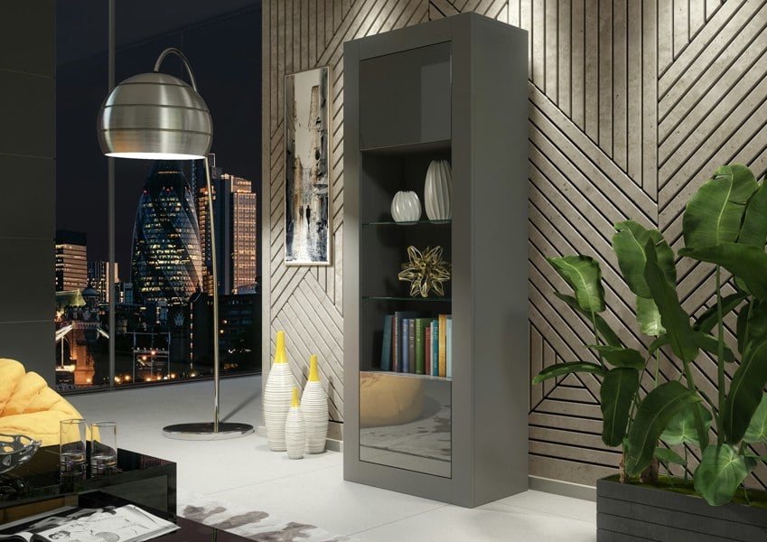 Mex Furniture Modern Display Cabinet 170cm – Grey Body & Grey Gloss Doors