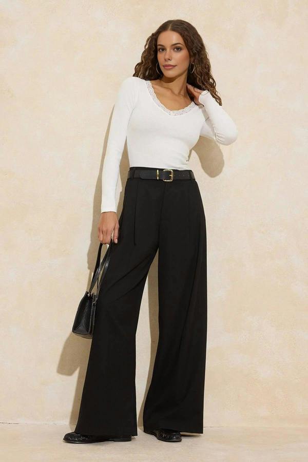 WOVCOR V-Neck Lace Detail Ribbed Cotton Stretch Knit Blouse