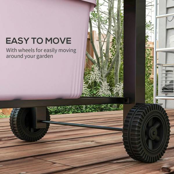 Black BBQ grill on large wheels with sturdy frame for easy moving