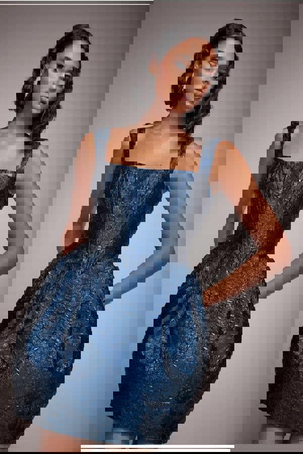 Corset Balloon Skirt Lace Up Back Mini Dress - Navy Blue DR4778