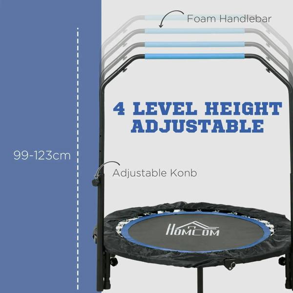 Mini trampoline with adjustable foam handle height and black jumping mat with blue ring
