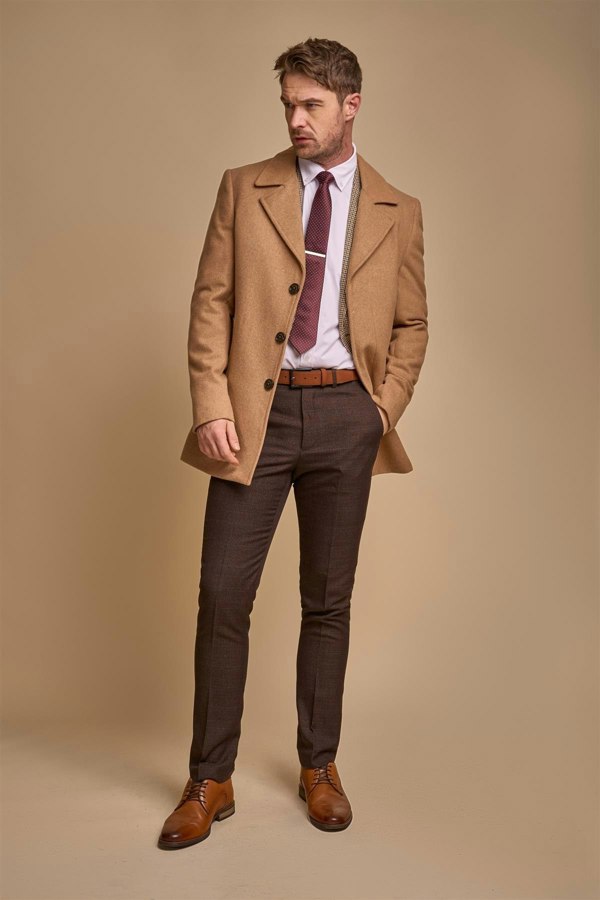 Marcus camel long coat front