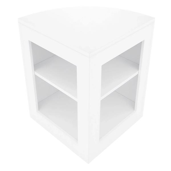 White Helios LED shop counter set with a modern design, featuring a curved corner shape and two open shelves for display storage
