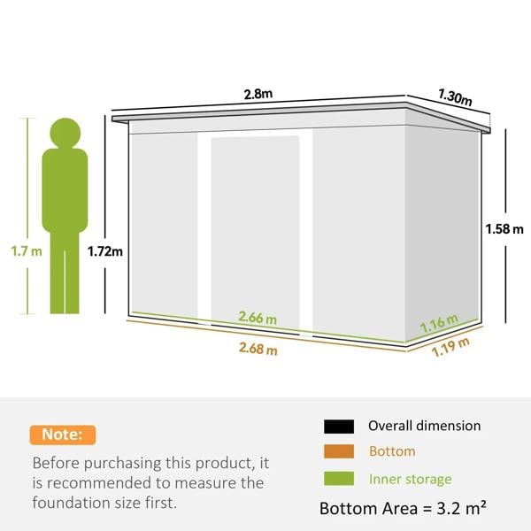 Light grey corrugated metal storage shed with double sliding doors and vents