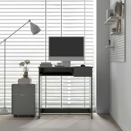 Wyld Haus Rami 80cm Grey Compact Study Desk With Keyboard Tray And Drawer Storage