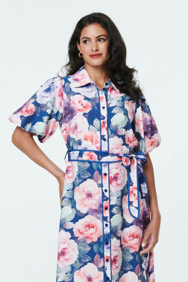 Navy | Floral 1/2 Puff Sleeve Tie Midi Dress