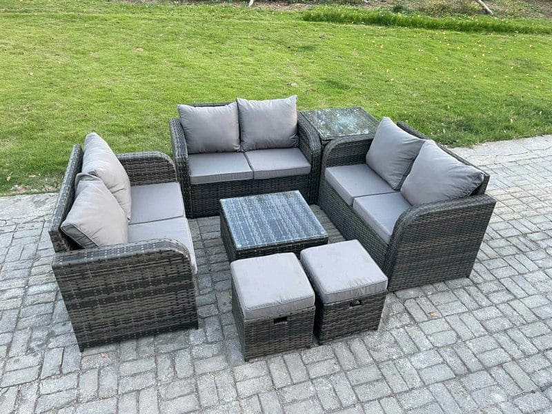 Fimous Outdoor Garden Furniture Sets 8 Seater Wicker Rattan Furniture Sofa Sets with Square Coffee Table Love seat Sofa 2 Small Footstools Side Table