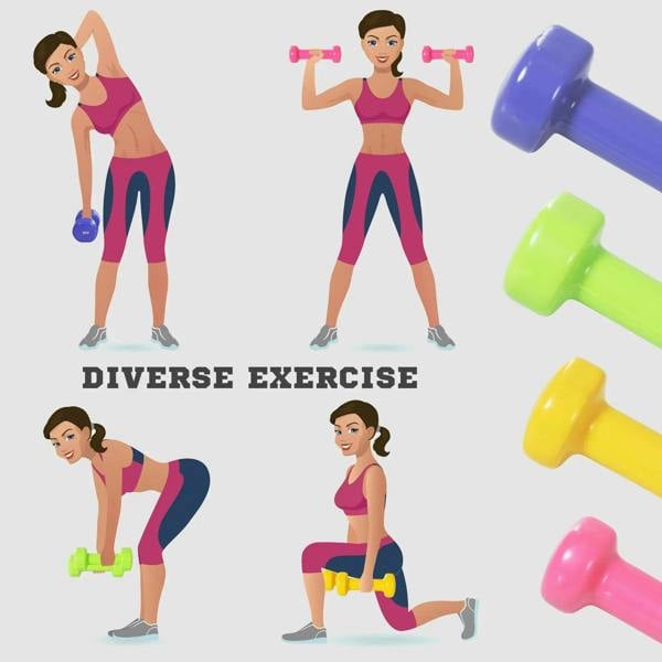 Multi-color dumbbells for diverse exercises, shown with example movement illustrations