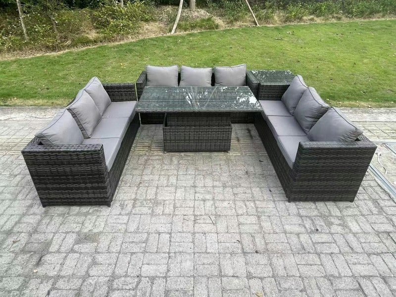 Fimous 9 Seater Outdoor Rattan Garden Furniture Sofa Set Patio Adjustable Rising Lifting Dining Table Set with Side Table Dark Grey Mixed