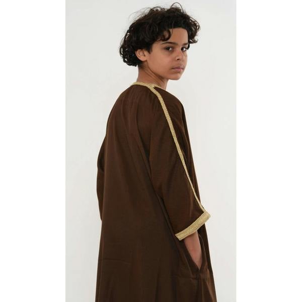 Boy's Moroccan Thobe Half Sleeve Gandoura Embroidery Kaftan - Brown Beige - Thobez - 5