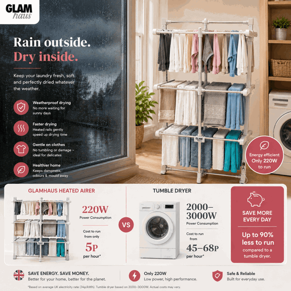 GlamHaus Heated Clothes Airer Dryer Rack Aluminium with Cover Electric 220W - Indoor - Folds Flat for Easy Storage