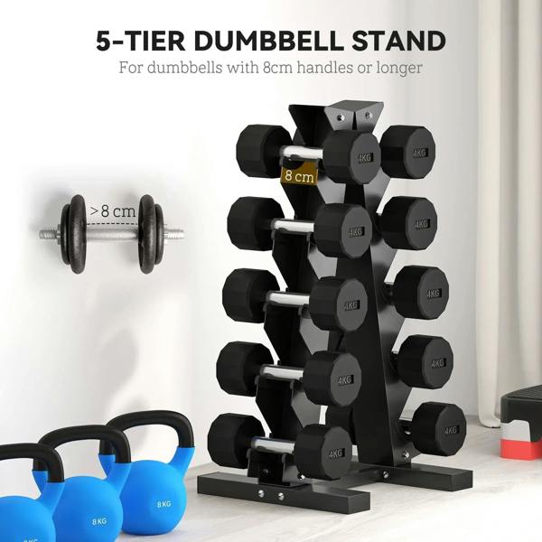 Black five-tier dumbbell stand for heavy dumbbells with five storage tiers.