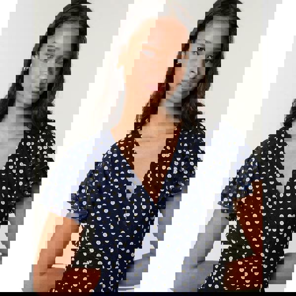 Blue Vanilla Polka Dot Mesh Frill Sleeve Wrap Dress With Tie Waist