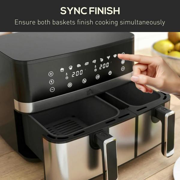 Dual-basket air fryer with both baskets pulled out and adjustable control settings