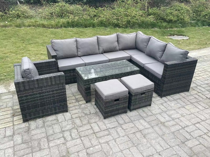 Fimous 9 Seater Rattan Corner Sofa Lounge Sofa Set With Rectangular Coffee Table 2 Stool Dark Grey Mixed Right Hand