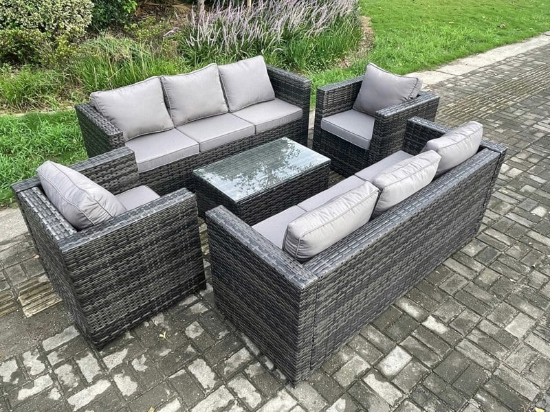 Fimous Wicker PE Rattan Sofa Set Outdoor Patio Garden Furniture with 2 Armchairs Oblong Coffee Table Dark Grey Mixed
