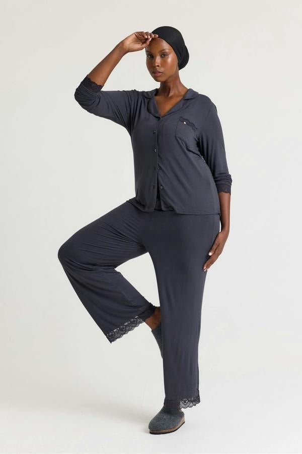 Bamboo Lace Long Pyjama Set in Raven - Wholesale - Pajamas