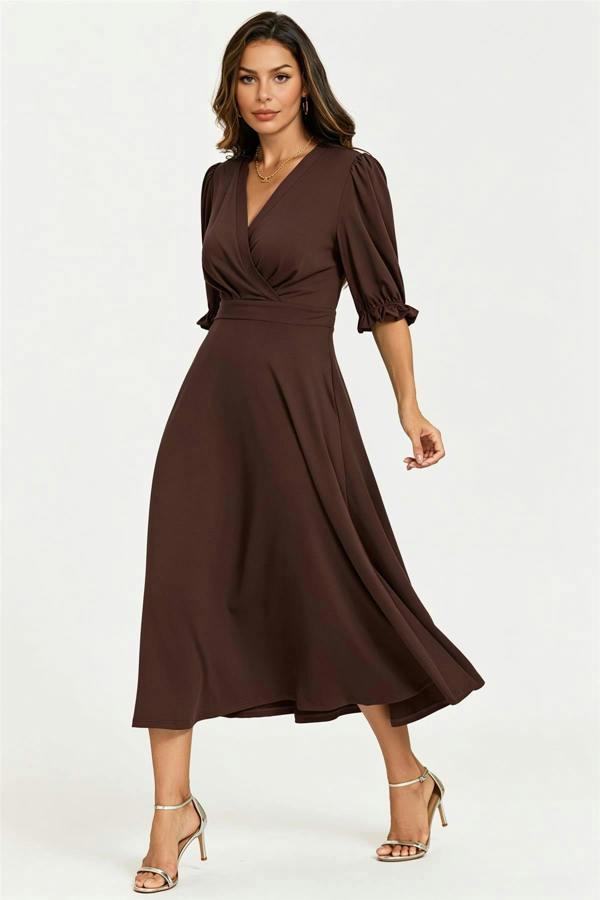 FS Collection Half Sleeves Jersey Midi Dress with Wrap Neckline In Chocolate